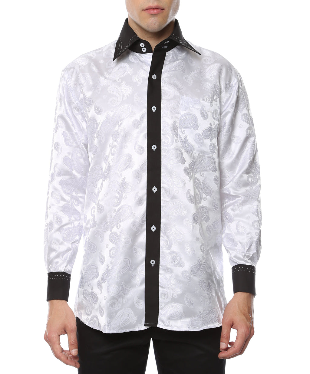 Men's White & Black Floral Satin Dress Shirt – High Collar, French Cuff | Ferrecci Hi-1003