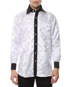 Men's White & Black Floral Satin Dress Shirt – High Collar, French Cuff | Ferrecci Hi-1003