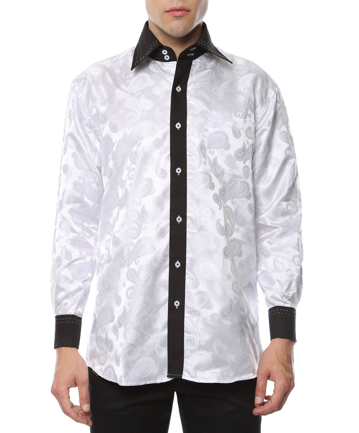 Men's White & Black Floral Satin Dress Shirt – High Collar, French Cuff | Ferrecci Hi-1003