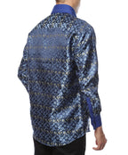 Men's Blue Paisley Floral Satin Dress Shirt – High Collar, French Cuff | Ferrecci Hi-1009