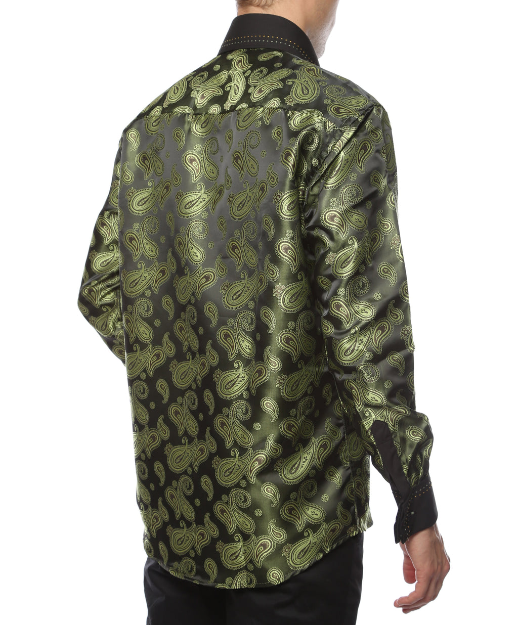 Men's Green Paisley Satin Dress Shirt – High Collar, French Cuff | Ferrecci Hi-1010