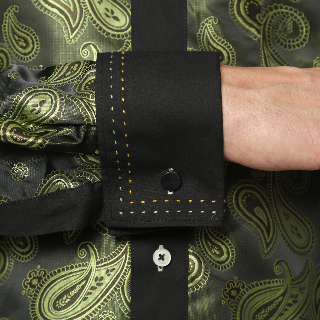 Men's Green Paisley Satin Dress Shirt – High Collar, French Cuff | Ferrecci Hi-1010