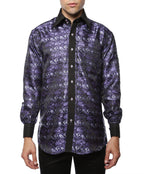 Men's Purple & Black Floral Satin Dress Shirt – High Collar, French Cuff | Ferrecci Hi-1013