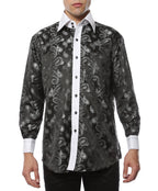 Men's White & Black Paisley Satin Dress Shirt – High Collar, French Cuff | Ferrecci Hi-1014