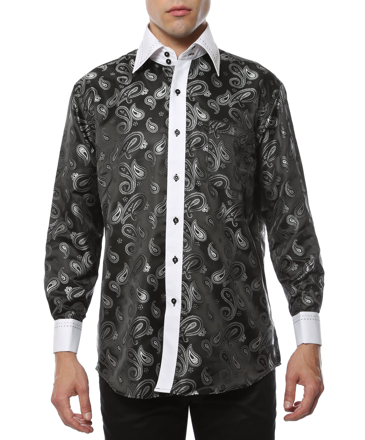 Men's White & Black Paisley Satin Dress Shirt – High Collar, French Cuff | Ferrecci Hi-1014