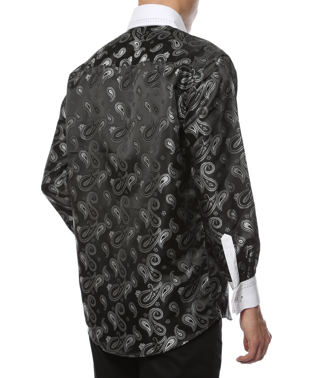 Men's White & Black Paisley Satin Dress Shirt – High Collar, French Cuff | Ferrecci Hi-1014