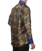 Men's Blue & Gold Paisley Satin Dress Shirt – High Collar, French Cuff | Ferrecci Hi-1019