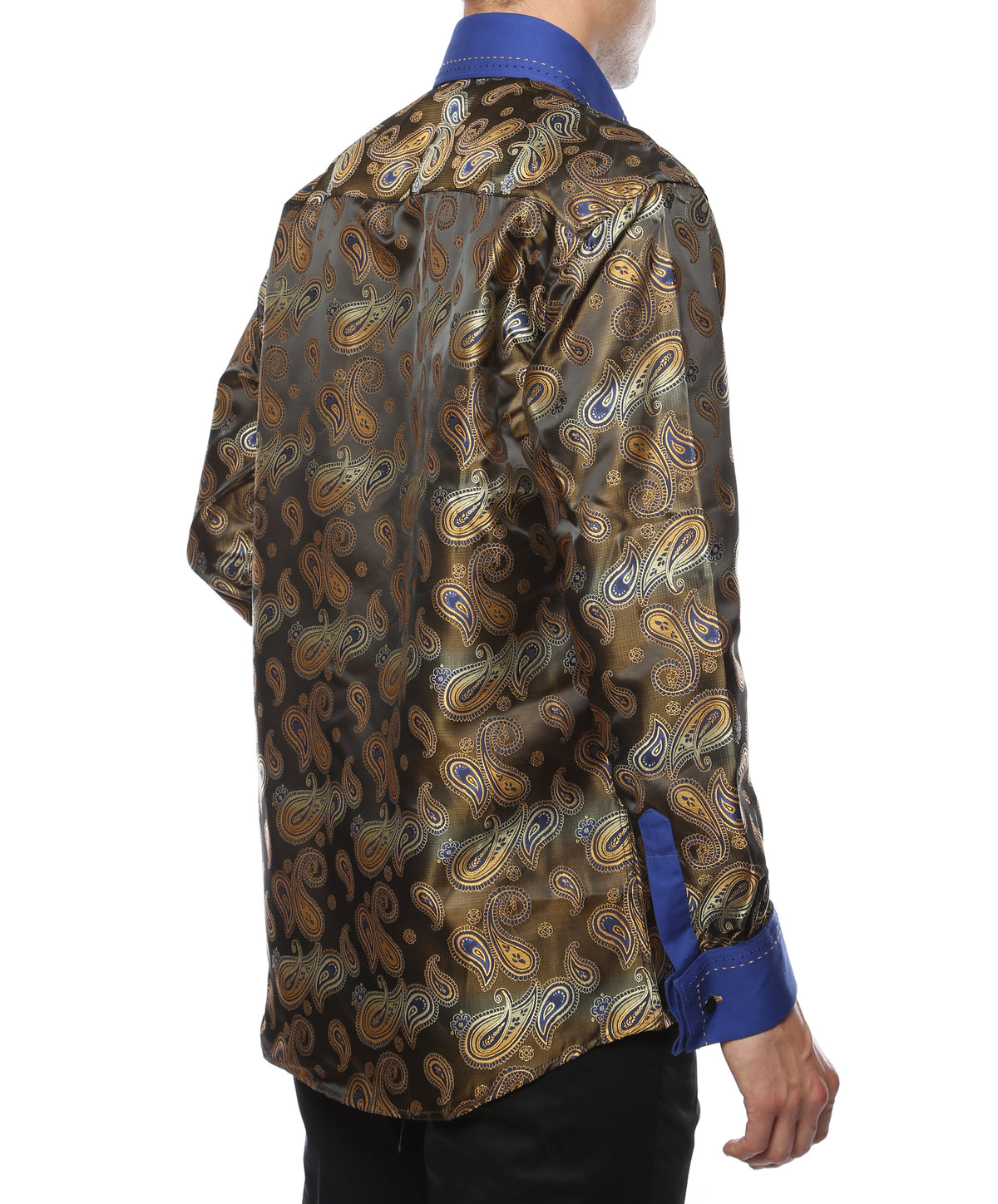 Men's Blue & Gold Paisley Satin Dress Shirt – High Collar, French Cuff | Ferrecci Hi-1019