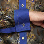 Men's Blue & Gold Paisley Satin Dress Shirt – High Collar, French Cuff | Ferrecci Hi-1019