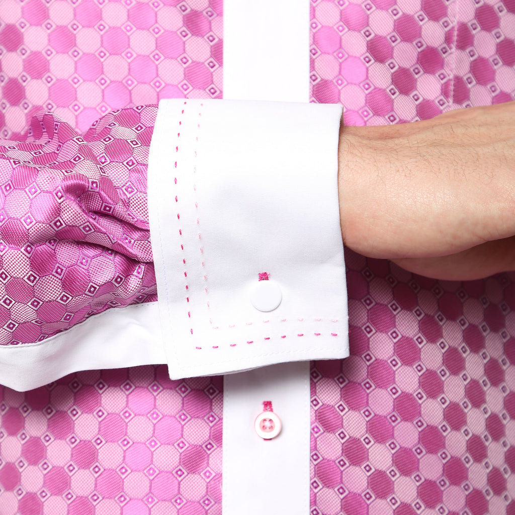 Men's Fuchsia Circle Print Satin Dress Shirt – High Collar, French Cuff | Ferrecci Hi-1020