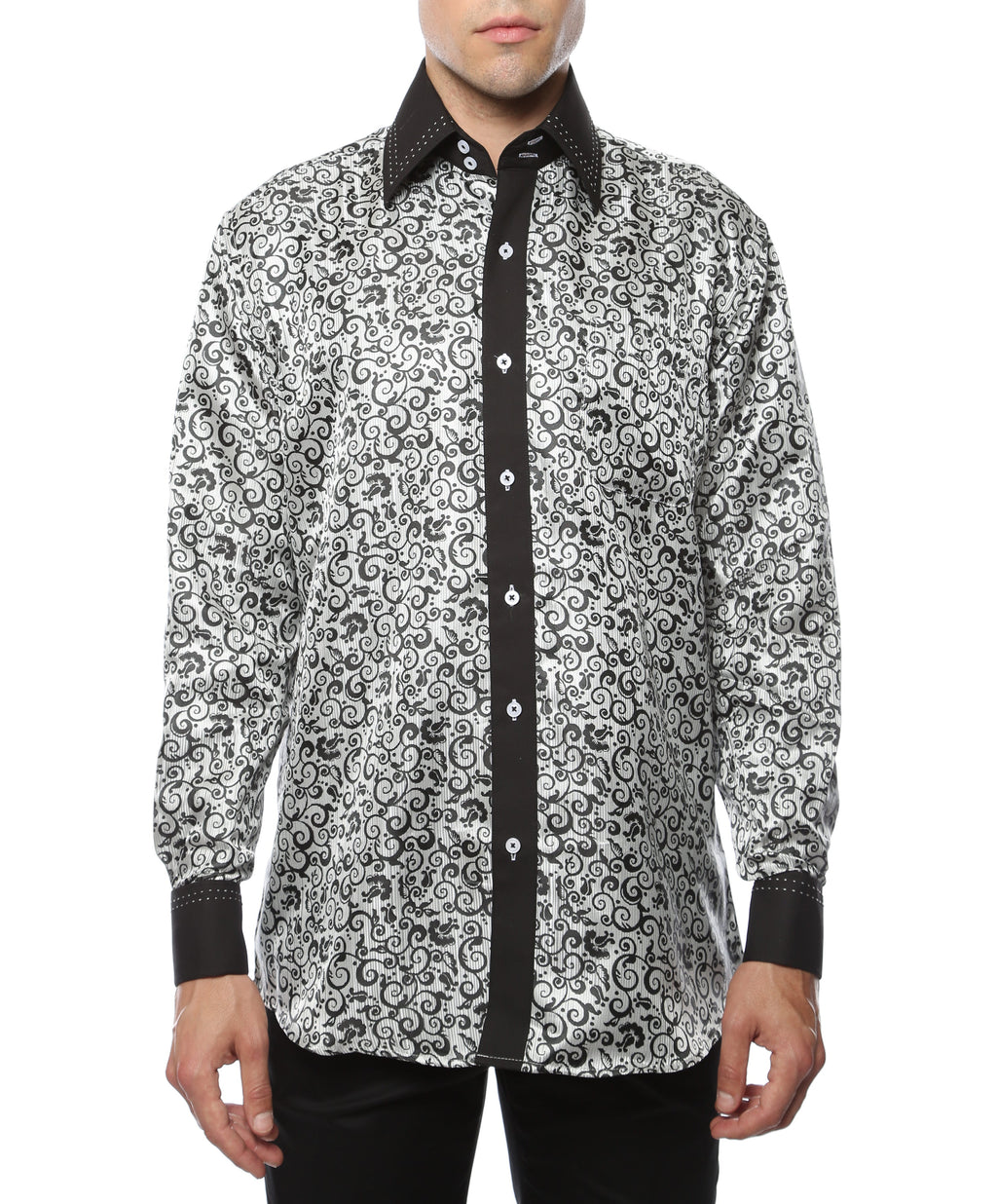 Men's Black & White Baroque Scroll Satin Dress Shirt – High Collar, French Cuff | Ferrecci Hi-1021
