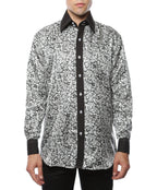 Men's Black & White Baroque Scroll Satin Dress Shirt – High Collar, French Cuff | Ferrecci Hi-1021