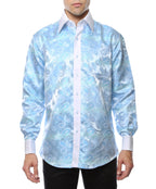 Men's Turquoise Paisley Satin Dress Shirt – High Collar, French Cuff | Ferrecci Hi-1025