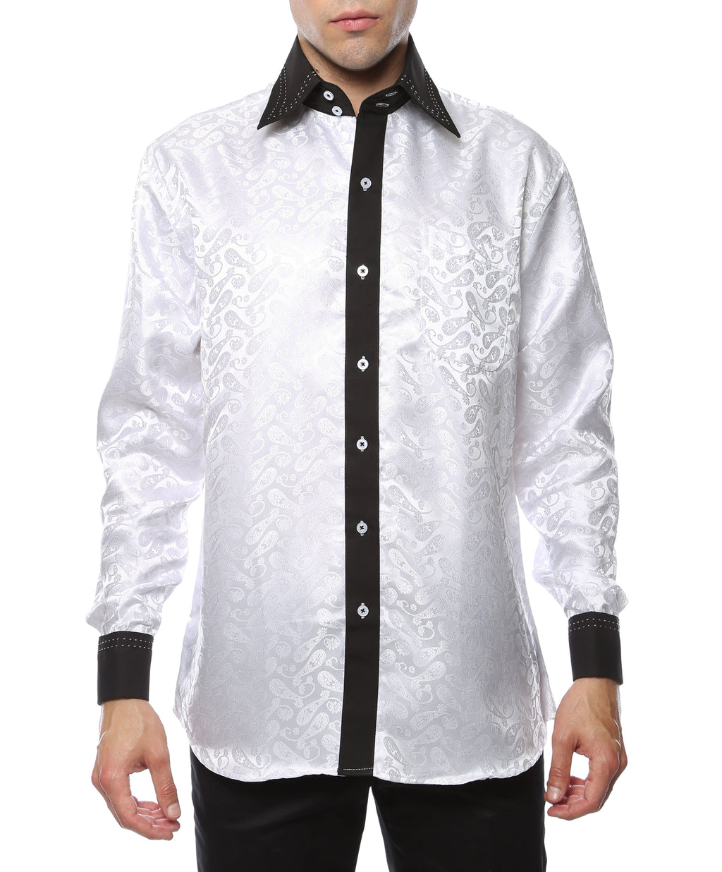 Men's White Paisley Satin Dress Shirt – High Collar, French Cuff | Ferrecci Hi-1033
