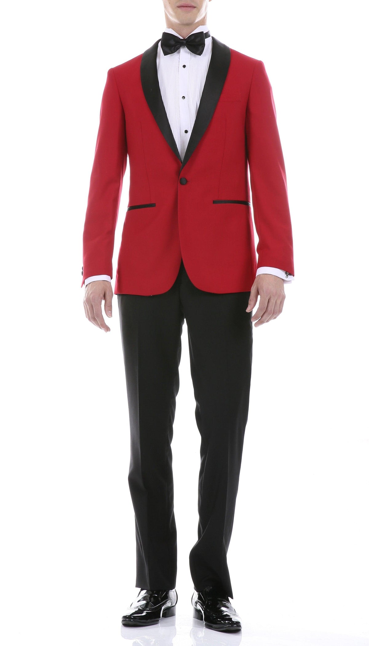 Men's Red & Black Shawl Lapel Tuxedo – Slim Fit 2 Piece Suit | Ferrecci Reno