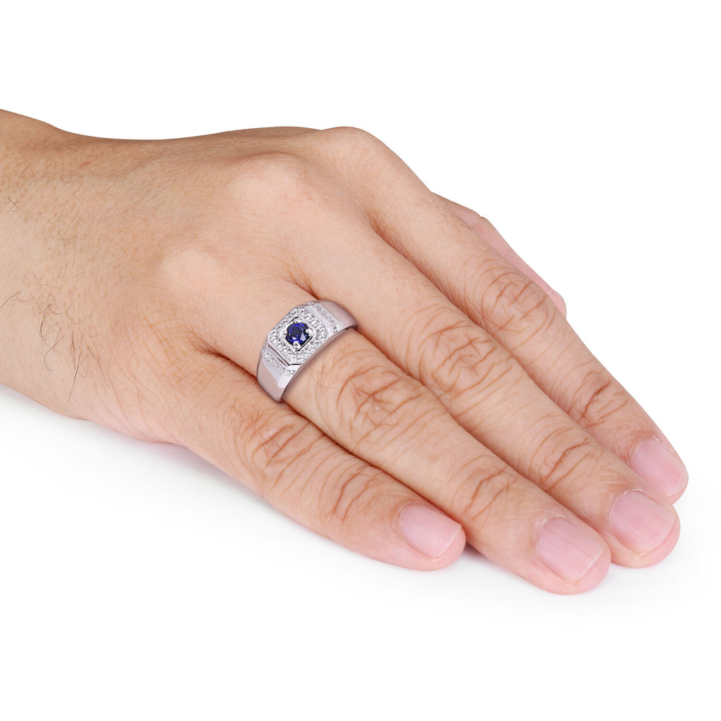 0.6 TGW BlueSapphire + White Sapphire Halo Ring // Sterling Silver