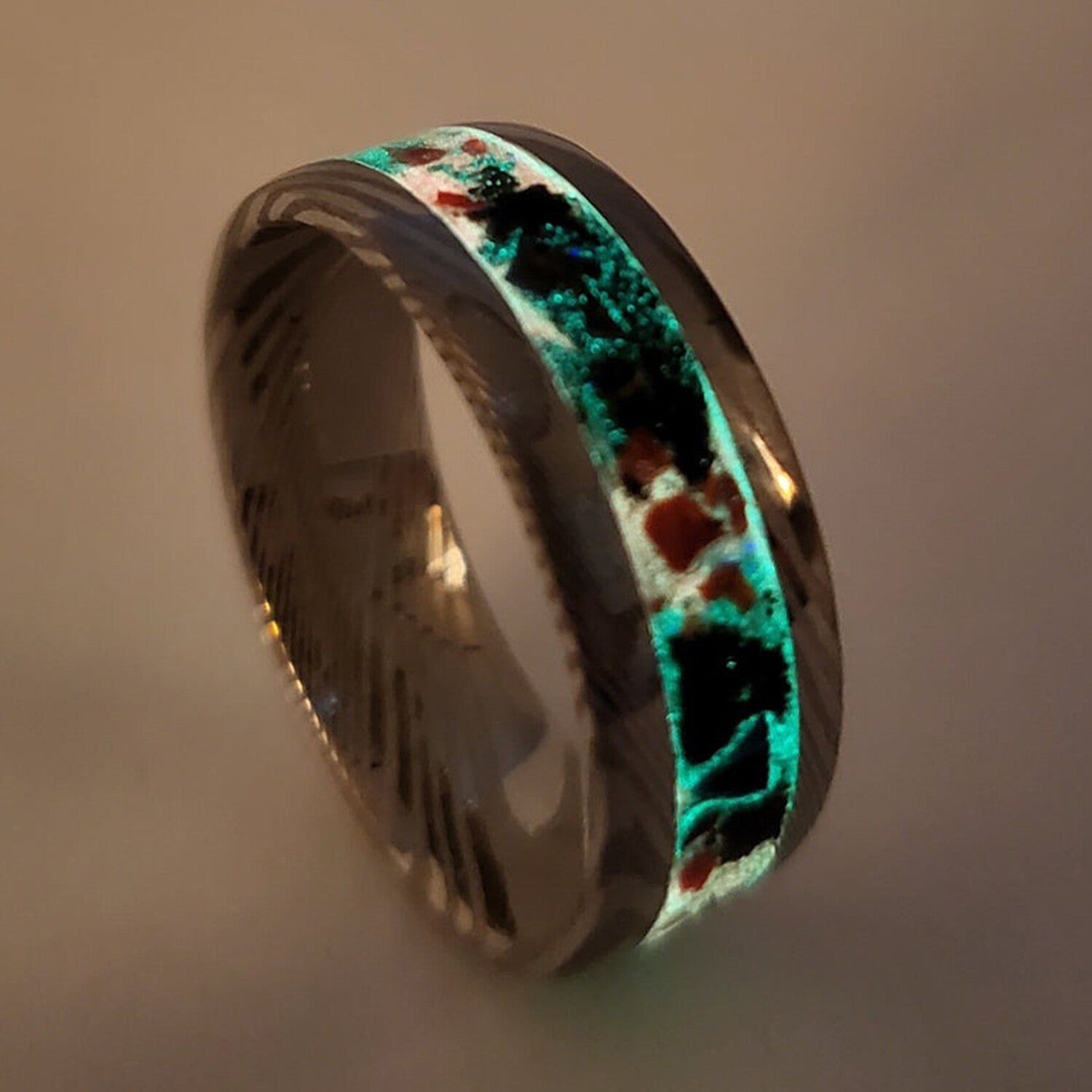 Damascus Steel Band // Crimson Red Opal, Meteorite Dust // 8mm Width
