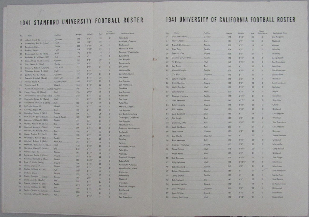 1941 California vs. Stanford College Football Game Souvenir Program 163172