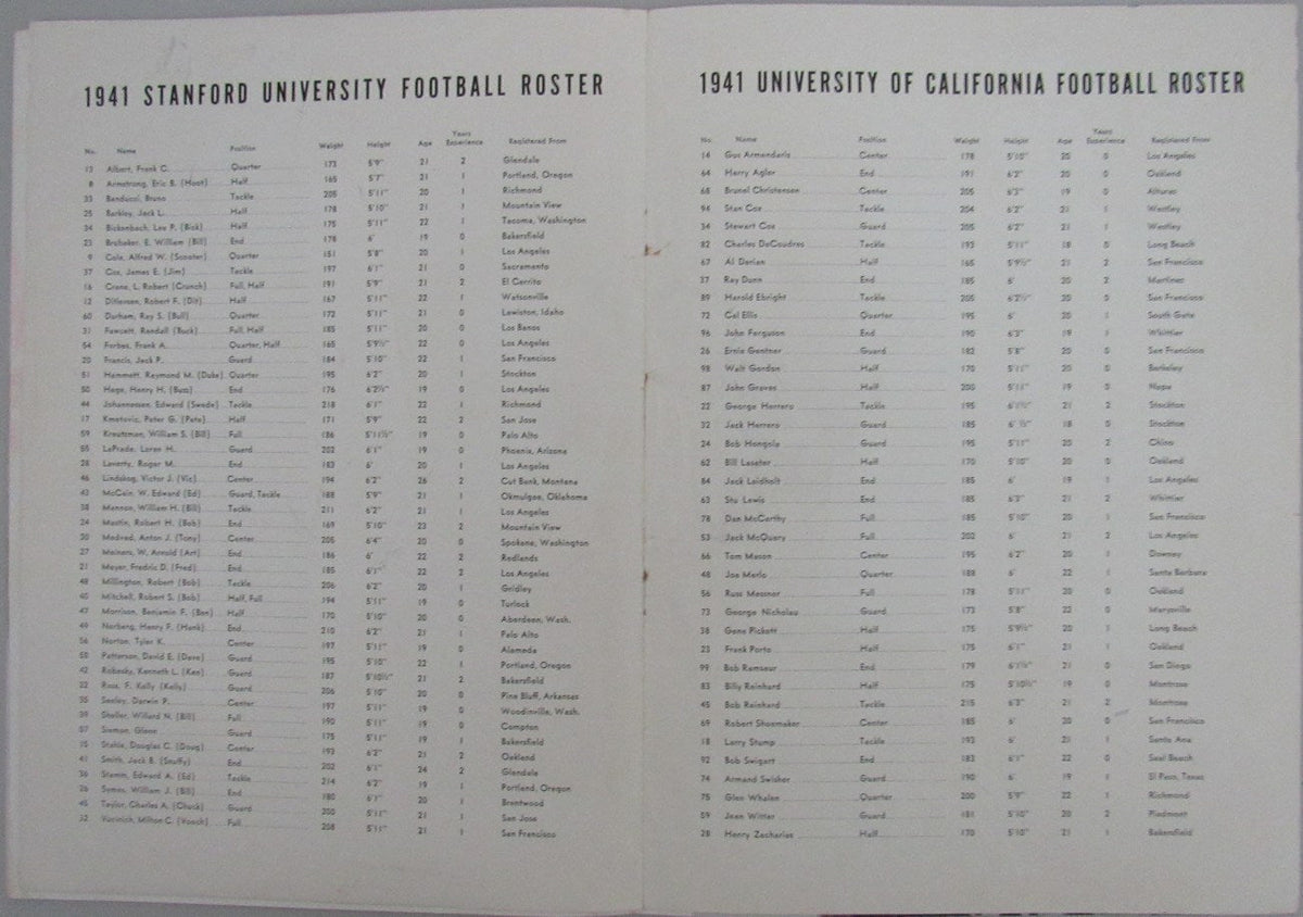 1941 California vs. Stanford College Football Game Souvenir Program 163172