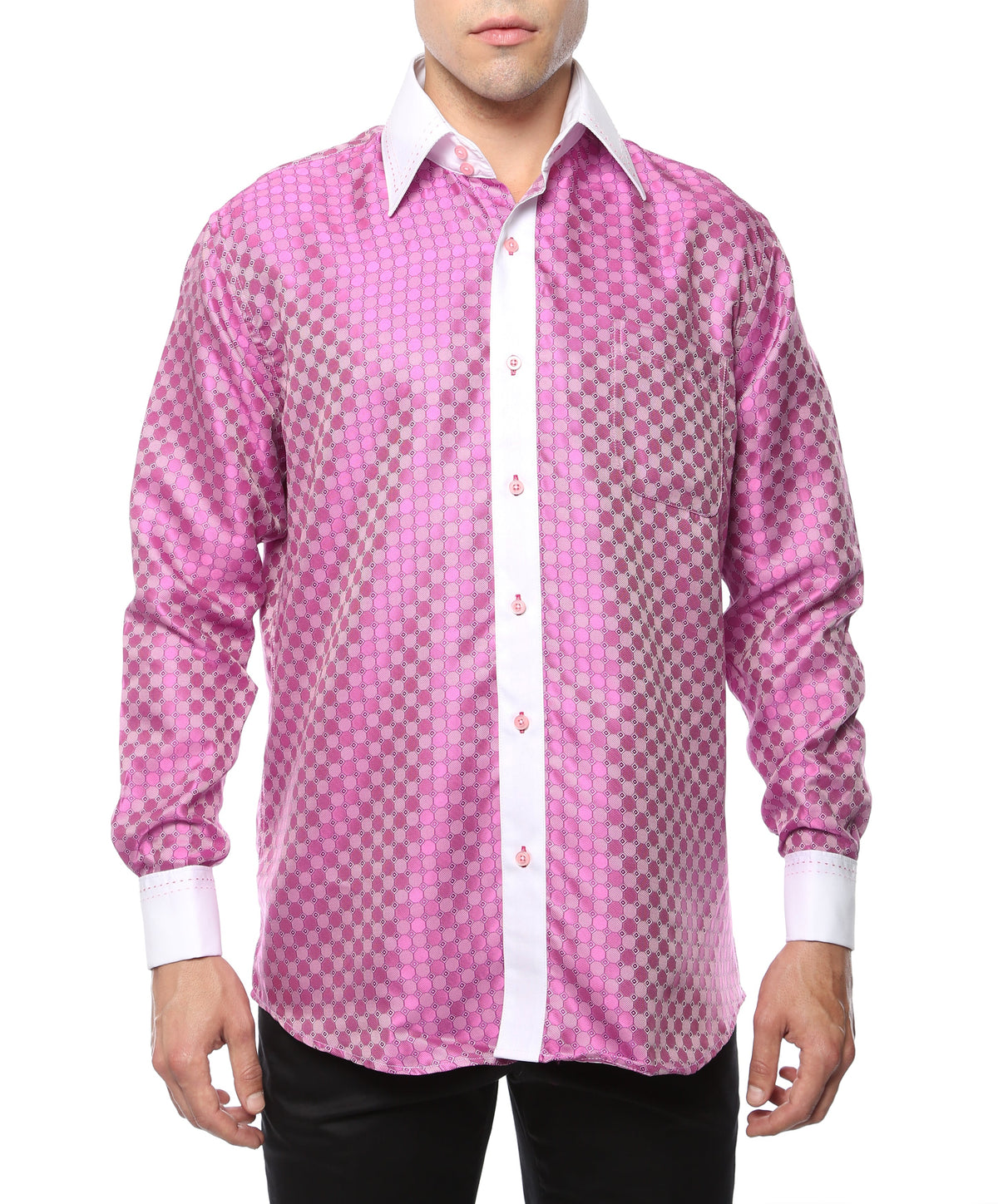 Men's Fuchsia Circle Print Satin Dress Shirt – High Collar, French Cuff | Ferrecci Hi-1020
