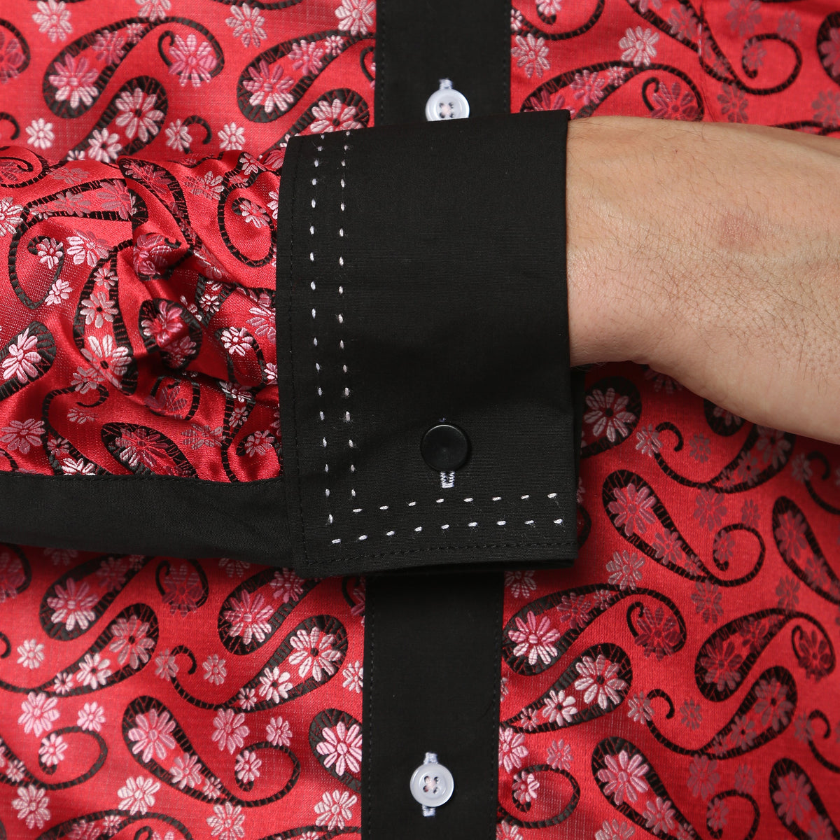 Men's Red & Black Floral Satin Dress Shirt – High Collar, French Cuff | Ferrecci Hi-1015