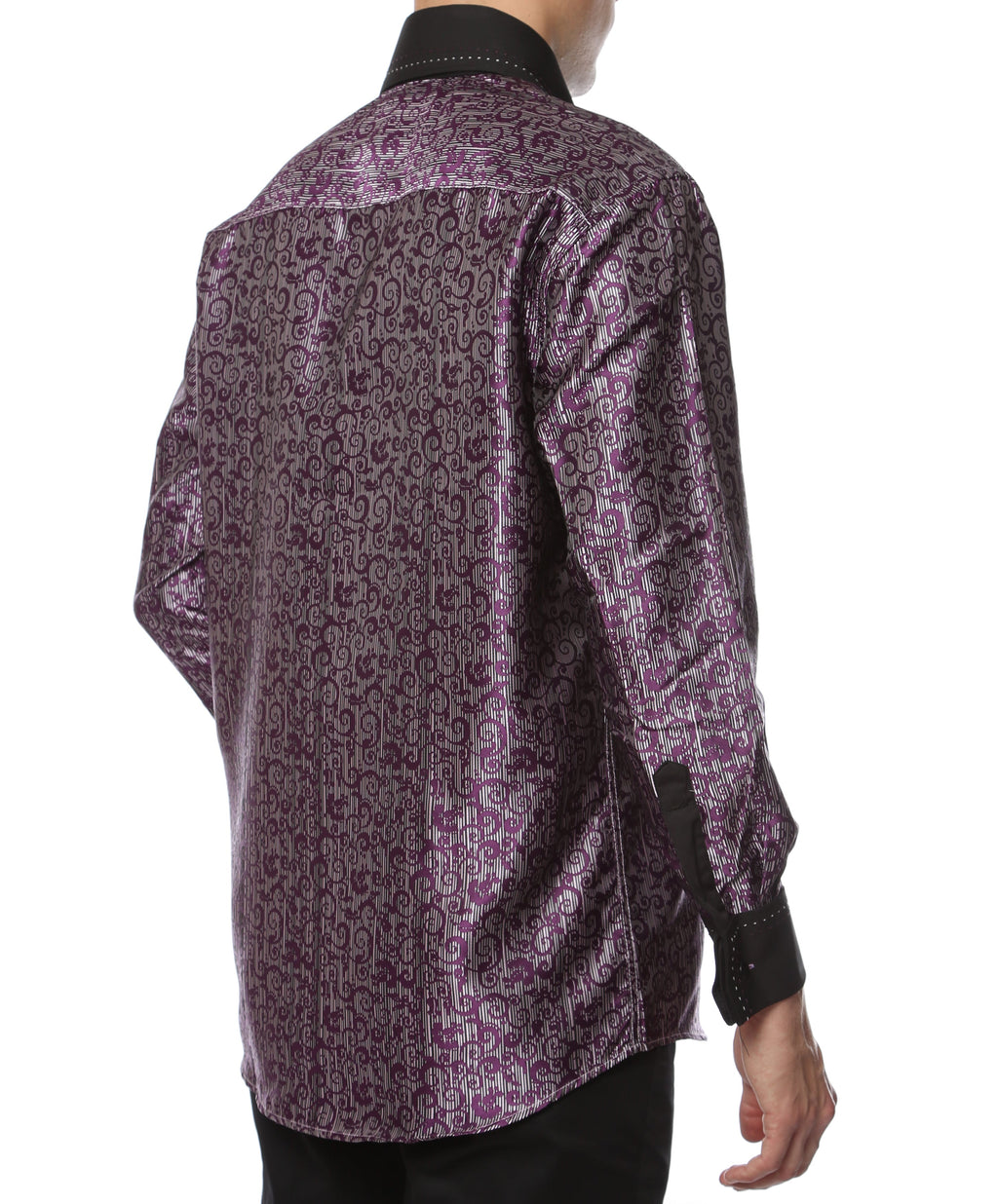 Men's Purple Baroque Scroll Satin Dress Shirt – High Collar, French Cuff | Ferrecci Hi-1007
