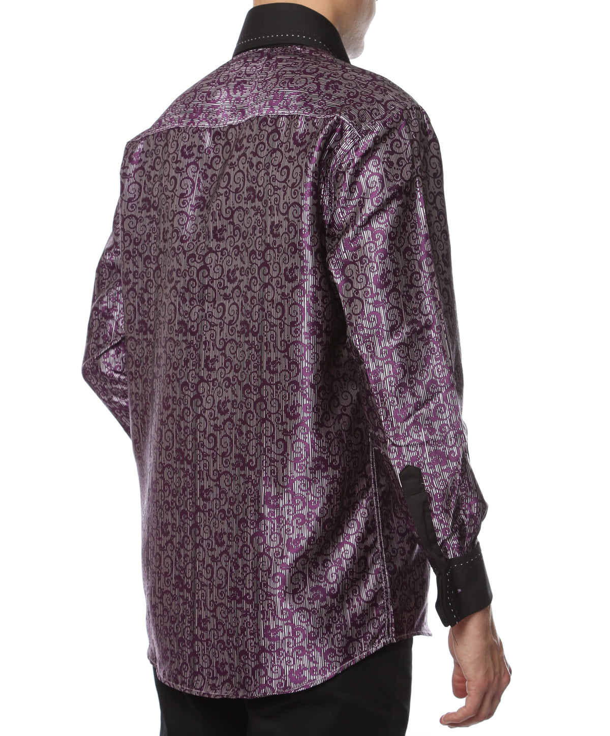 Men's Purple Baroque Scroll Satin Dress Shirt – High Collar, French Cuff | Ferrecci Hi-1007