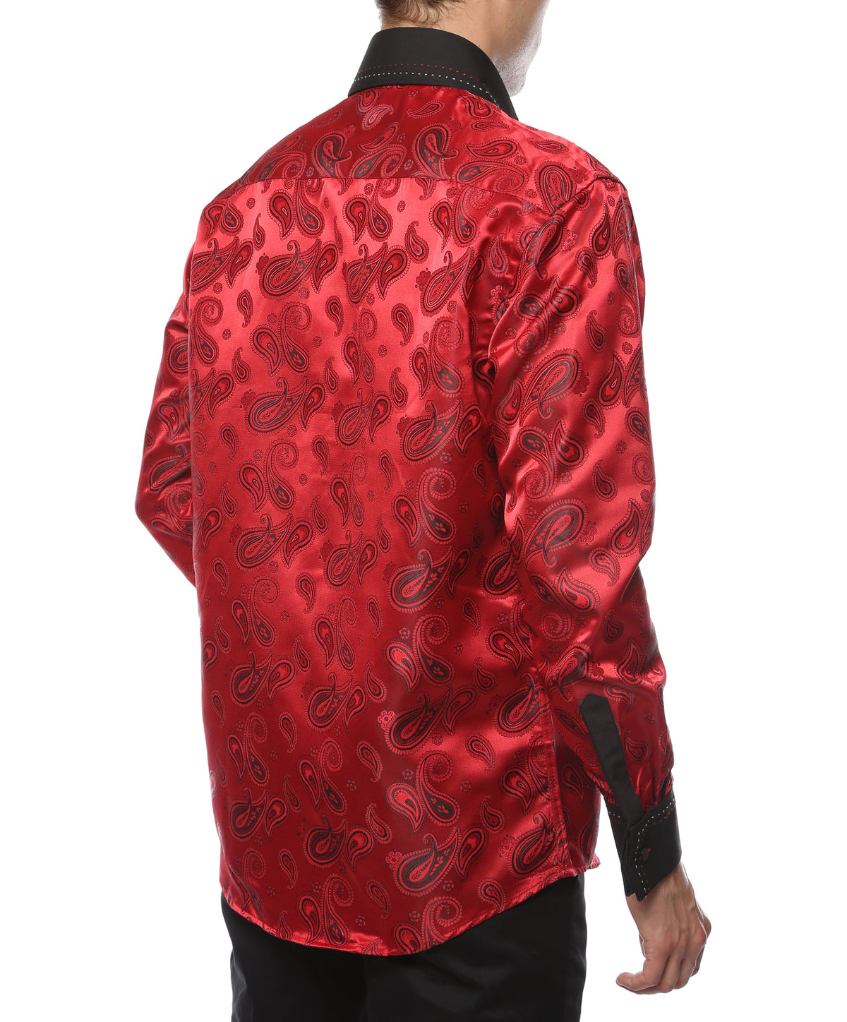 Men's Red & Black Paisley Satin Dress Shirt – High Collar, French Cuff | Ferrecci Hi-1012