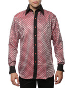 Men's Red & Black Circle Print Satin Dress Shirt – High Collar, French Cuff | Ferrecci Hi-1028