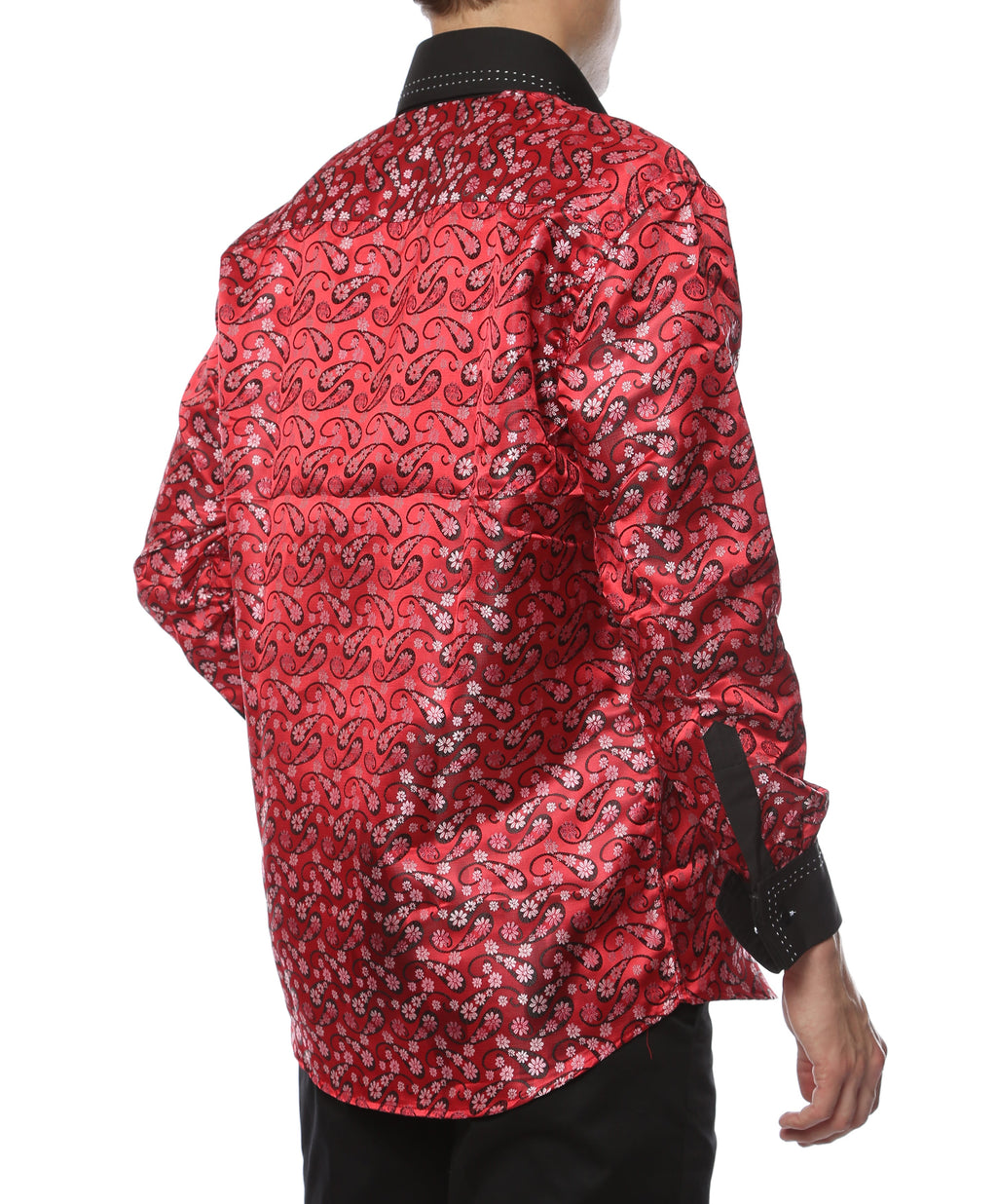 Men's Red & Black Floral Satin Dress Shirt – High Collar, French Cuff | Ferrecci Hi-1015