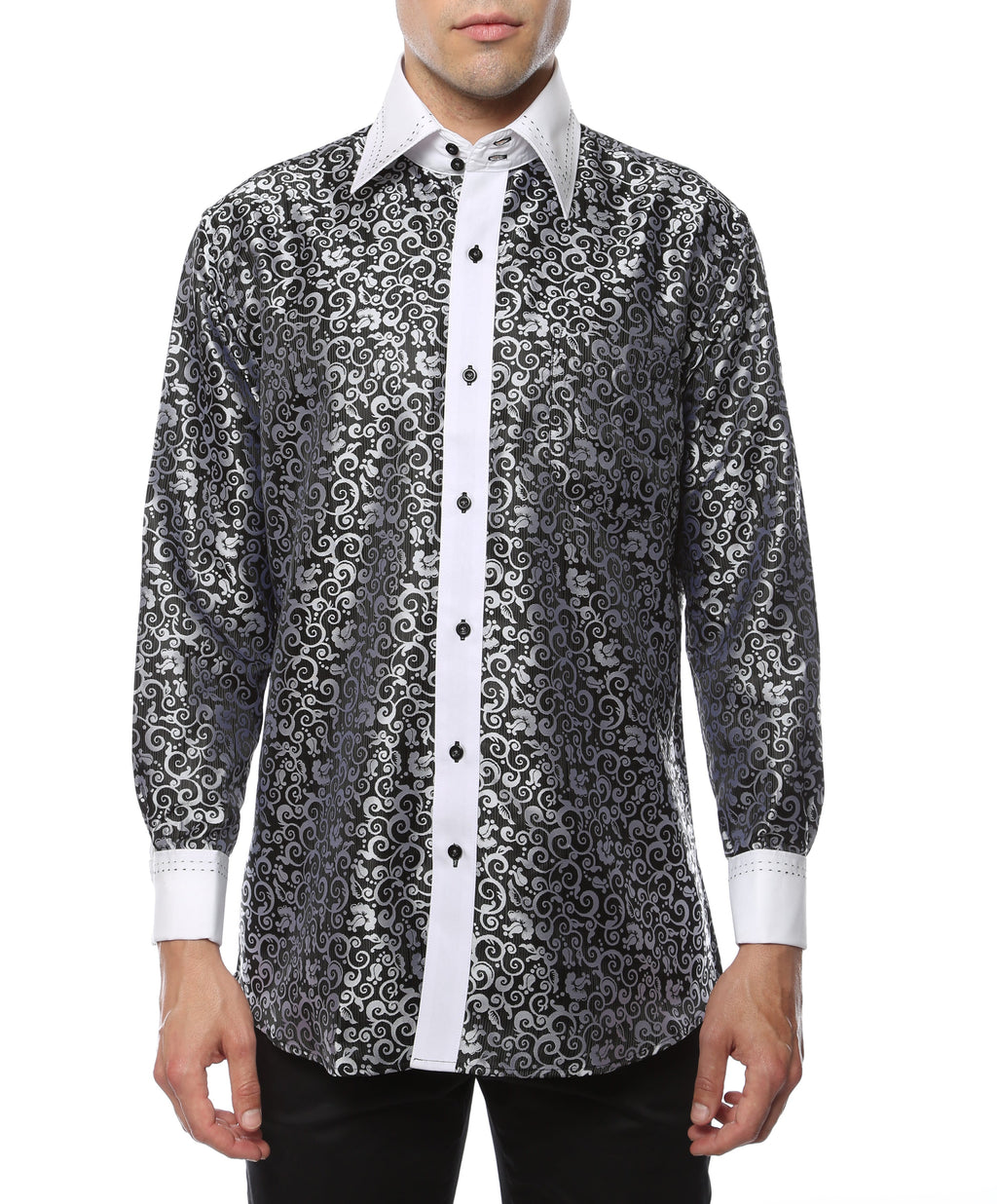 Men's Black & White Baroque Scroll Satin Dress Shirt – High Collar, French Cuff | Ferrecci Hi-1006