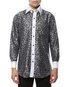 Men's Black & White Baroque Scroll Satin Dress Shirt – High Collar, French Cuff | Ferrecci Hi-1006