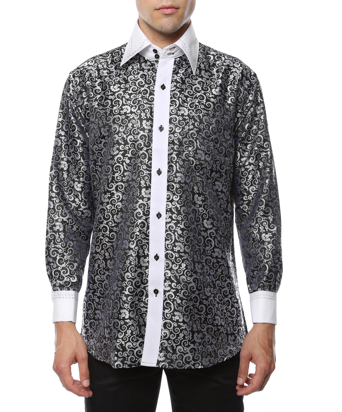 Men's Black & White Baroque Scroll Satin Dress Shirt – High Collar, French Cuff | Ferrecci Hi-1006