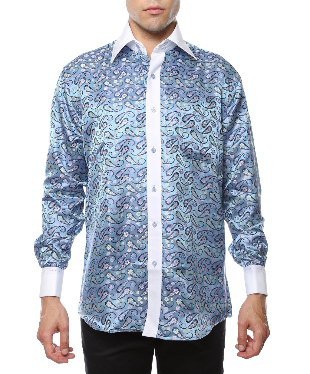 Men's White & Blue Floral Satin Dress Shirt – High Collar, French Cuff | Ferrecci Hi-1029