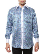 Men's White & Blue Floral Satin Dress Shirt – High Collar, French Cuff | Ferrecci Hi-1029
