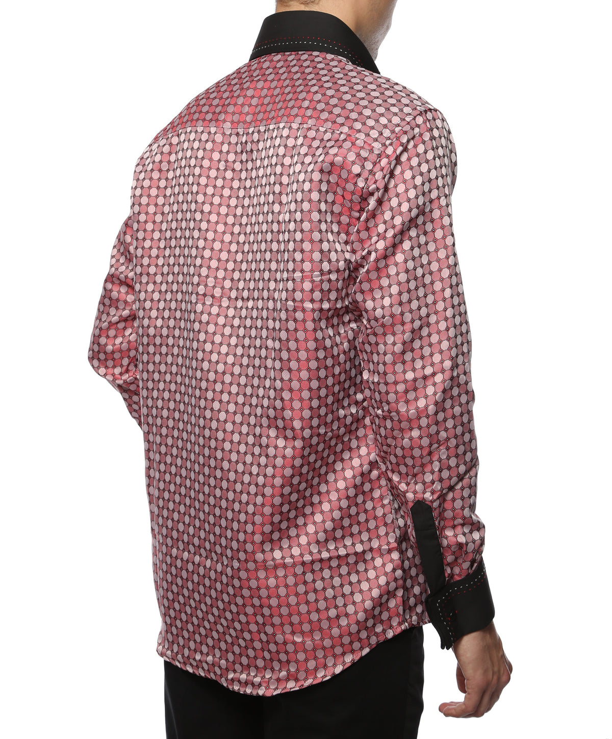 Men's Red & Black Circle Print Satin Dress Shirt – High Collar, French Cuff | Ferrecci Hi-1028