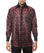 Men's Red & Black Floral Satin Dress Shirt – High Collar, French Cuff | Ferrecci Hi-1001