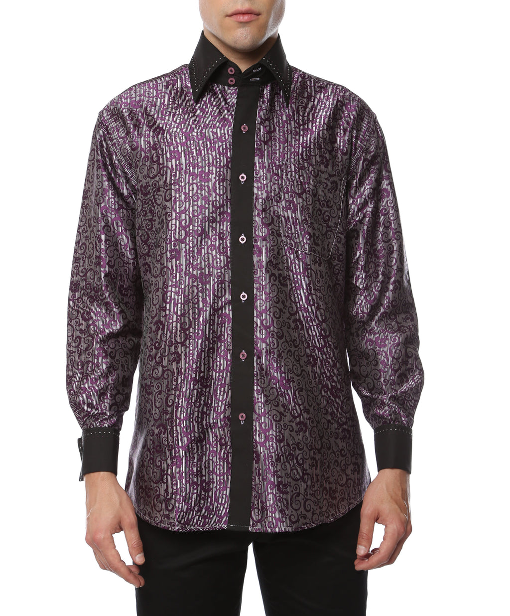 Men's Purple Baroque Scroll Satin Dress Shirt – High Collar, French Cuff | Ferrecci Hi-1007