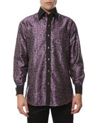 Men's Purple Baroque Scroll Satin Dress Shirt – High Collar, French Cuff | Ferrecci Hi-1007