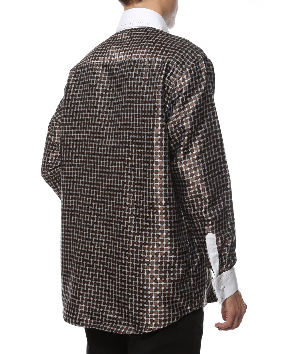 Men's Brown Circle Print Satin Dress Shirt – High Collar, French Cuff | Ferrecci Hi-1022