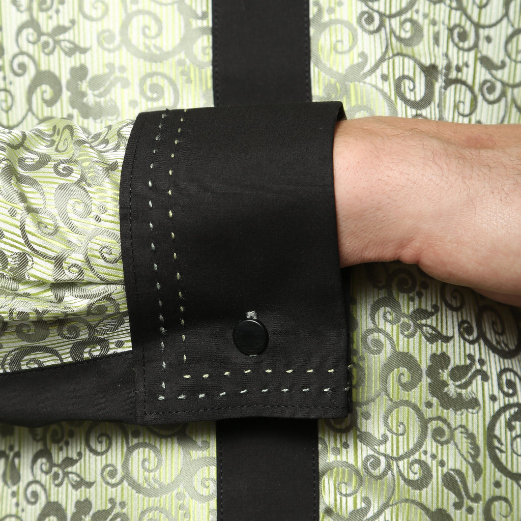Men's Green Baroque Scroll Satin Dress Shirt – High Collar, French Cuff | Ferrecci Hi-1008