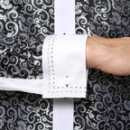 Men's Black & White Baroque Scroll Satin Dress Shirt – High Collar, French Cuff | Ferrecci Hi-1006