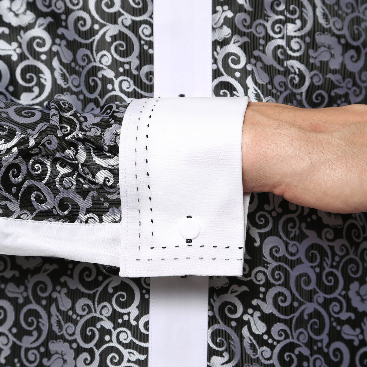 Men's Black & White Baroque Scroll Satin Dress Shirt – High Collar, French Cuff | Ferrecci Hi-1006
