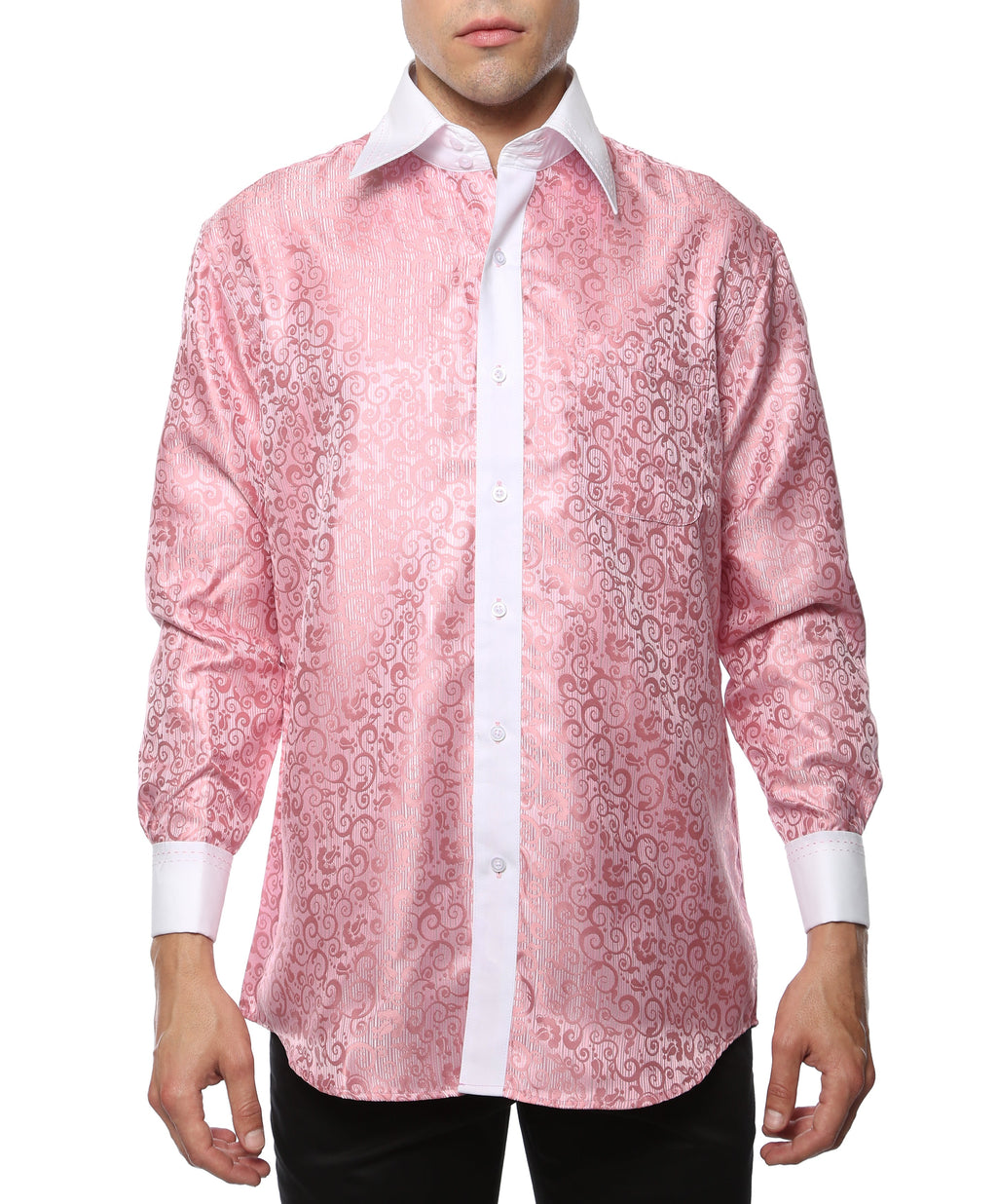 Men's Pink Baroque Scroll Satin Dress Shirt – High Collar, French Cuff | Ferrecci Hi-1027