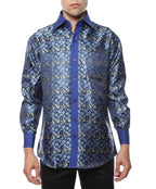 Men's Blue Paisley Floral Satin Dress Shirt – High Collar, French Cuff | Ferrecci Hi-1009