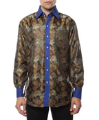 Men's Blue & Gold Paisley Satin Dress Shirt – High Collar, French Cuff | Ferrecci Hi-1019