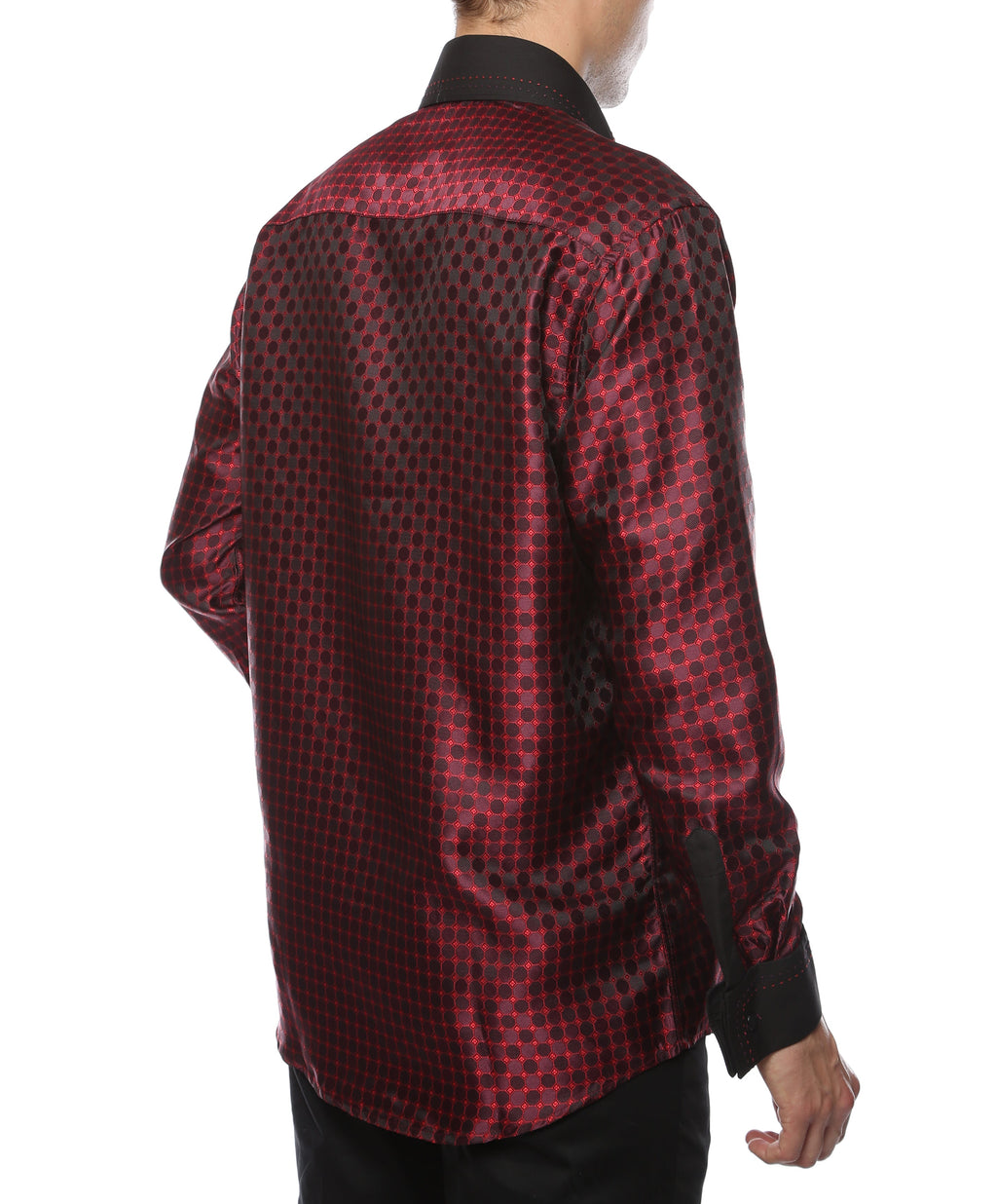 Men's Burgundy & Black Circle Print Satin Dress Shirt – High Collar, French Cuff | Ferrecci Hi-1023