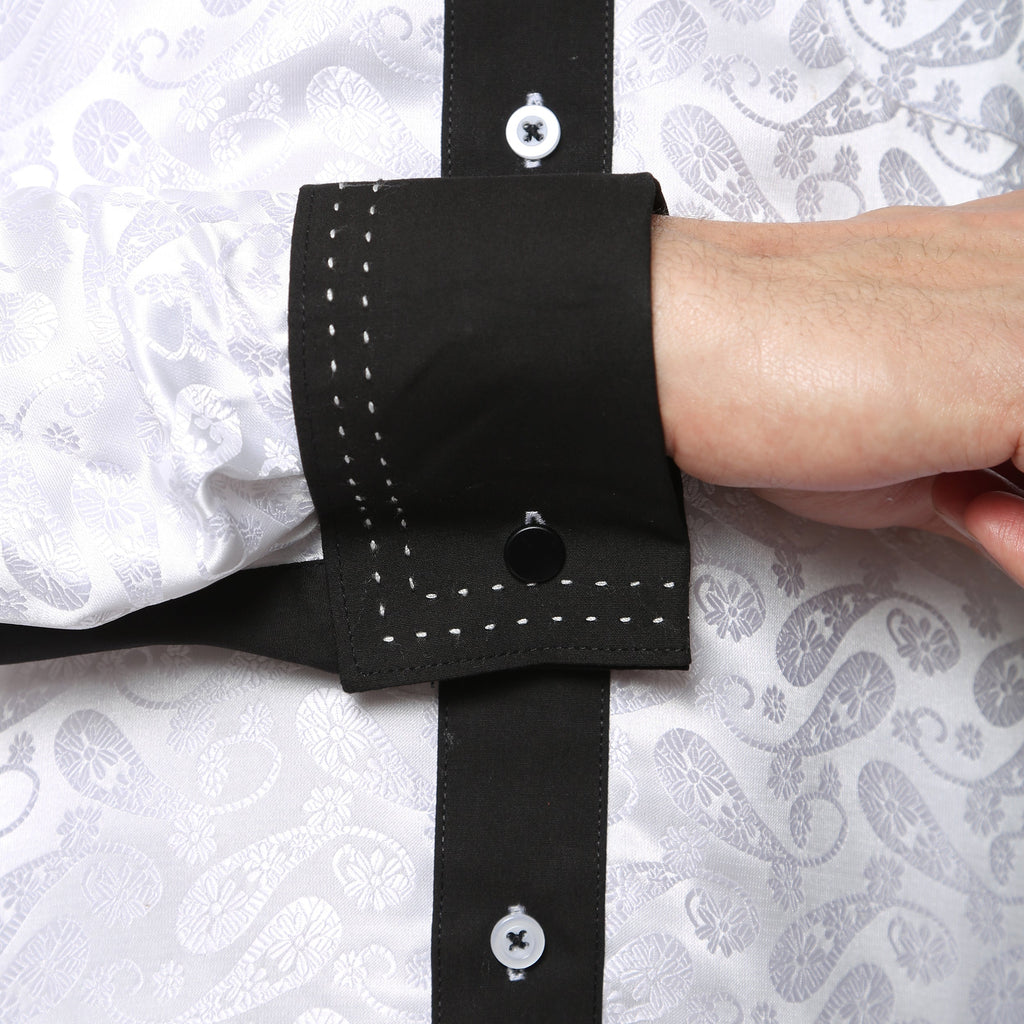 Men's White Paisley Satin Dress Shirt – High Collar, French Cuff | Ferrecci Hi-1033