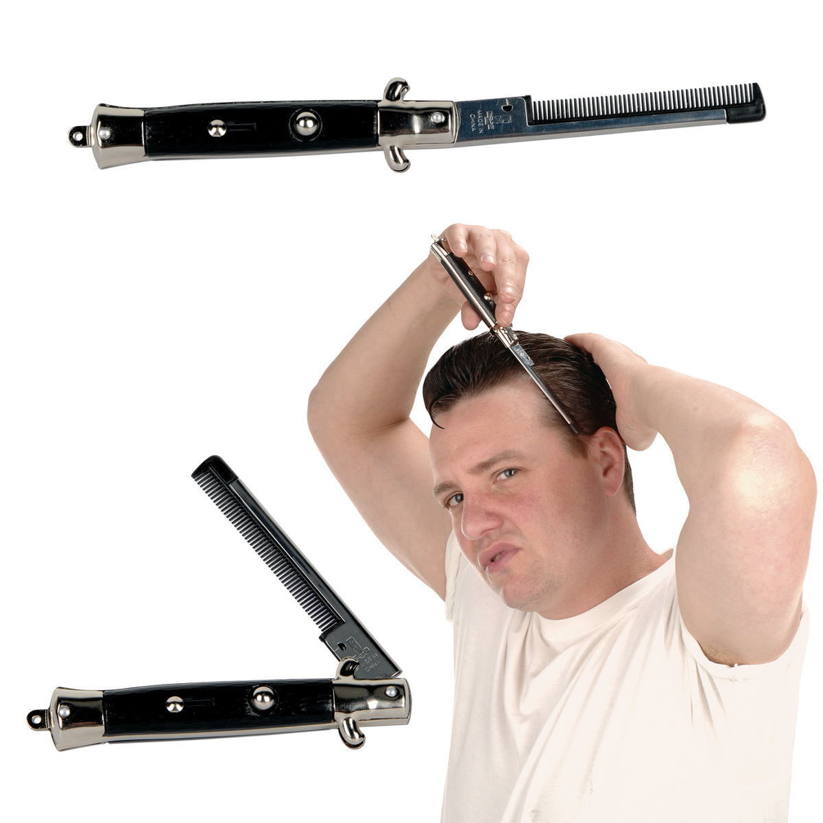 Push Button Pocket Comb – Fake Switchblade Style Folding Hair Comb