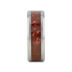 JURASSIC Red Dinosaur Bone Inlaid Tungsten Carbide Beveled Edged Ring - 4mm & 8mm